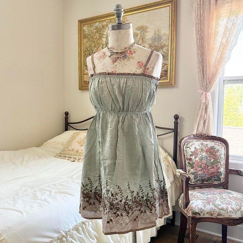 Sage Green Floral-Trim Mini Dress with Adjustable Straps